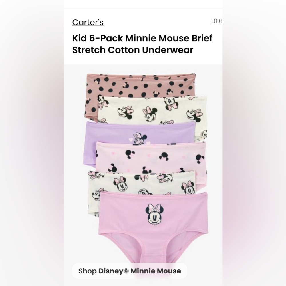 Carter’s Kids 6-Pack Minnie Mouse Brief
Stretch Cotton Underwear - Size 14